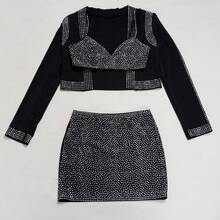 PORRCEY Women's Elegant Rhinestone Embellished Formal Party Cocktail Jacket & Bodycon Dress Set Wedding Spring Black - Black - View 5
