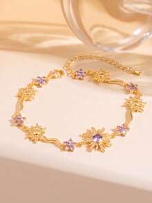 1pc Sunflower Bracelet, Sun Bracelet, Inlaid With Shiny Synthetic Zirconia, Suitable For Travel And Vacation Wear, Holiday Gift, Essential Fashion Item For Going Out - Bracelet - View 6