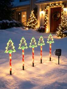 1Set(5Pcs) Green Solar Christmas Tree Stake Lights, LED Candy Cane Ground Plug Lamps, Waterproof Outdoor Pathway Landscape Lights For Yard Lawn Patio Xmas Holiday Decor - Multicolor - View 1