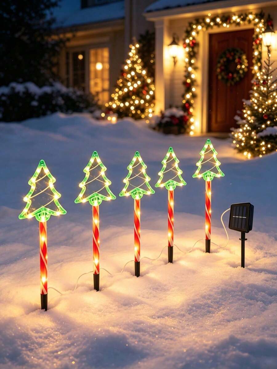 1Set(5Pcs) Green Solar Christmas Tree Stake Lights, LED Candy Cane Ground Plug Lamps, Waterproof Outdoor Pathway Landscape Lights For Yard Lawn Patio Xmas Holiday Decor - Multicolor - View 1