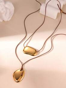 GEREIT 2pcs 18k Gold Stainless Steel Polished Asymmetric Geometric Pendant Wax Rope Necklace - Gold - View 3