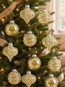 1/9/10件組金色聖誕球飾品套裝，附Merry Christmas緞帶，透明亮片漩渦洋蔥與紙屑圖案，適用於聖誕樹、花環、花串、禮物包裝、壁爐架裝飾、派對居家裝飾，適合成人 - 彩色 - 查看 2