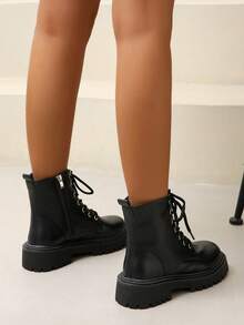 Women's Fashion Combat Boots, Round Toe Lace-Up Side Zipper Ankle Boots, Multi-Functional Outdoor Non-Slip Shoes, Western Style Lace-Up Metal Eyelets Side Zipper - Black - View 3