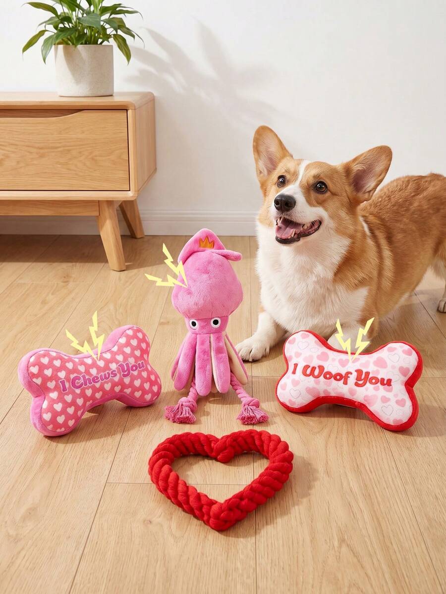 1/4pcs Squeaky Dog Toy Set, Pink Plush Octopus And Bone Shaped Chew Toys With Durable Rope, Suitable For Small, Medium, Large Dogs Interactive Play, Relieve Boredom, Pet Birthday Holiday Gift - Multicolor - View 1