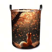 1PC Autumn Scenery Fox Under Tree Falling Leaves Print Round Laundry Basket Large Capacity Storage Hamper With Handles For Bedroom Dorm Home Organization - Multicolor - View 3