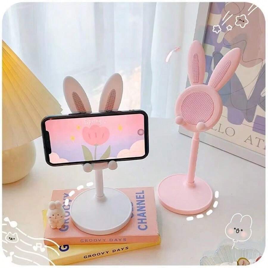 1pc Adjustable Plastic Desktop Phone Stand, Minimalist Modern Pink Long Ear Design, Round Base, Mesh Backrest, Practical Holder For Daily Home And Office Use - Multicolor - View 1