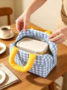 1pc/6pcs Back To School Cute Number Handle Lunch Tote Bag, Classic Plaid And Solid Color Options, Front Extra Pocket, Smooth Zipper, Large Capacity Interior Space For Meals And Utensils, Portable Design Suitable For Daily Commute, Picnic And Outdoor Short Trips - Multicolor - View 3