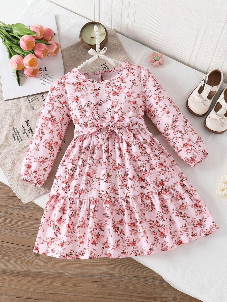 Young Girl Elegant Sweet Cute Gentle Lady Gift Minimalist Pretty Outdoor Street Comfortable Fashion Pink Vintage Exquisite Small Rose Floral Pattern Digital Print Round Neck Elastic Puff Cuff Long Sleeve Ruffle Hem A-Line Princess Dress Suitable For Spring And Autumn