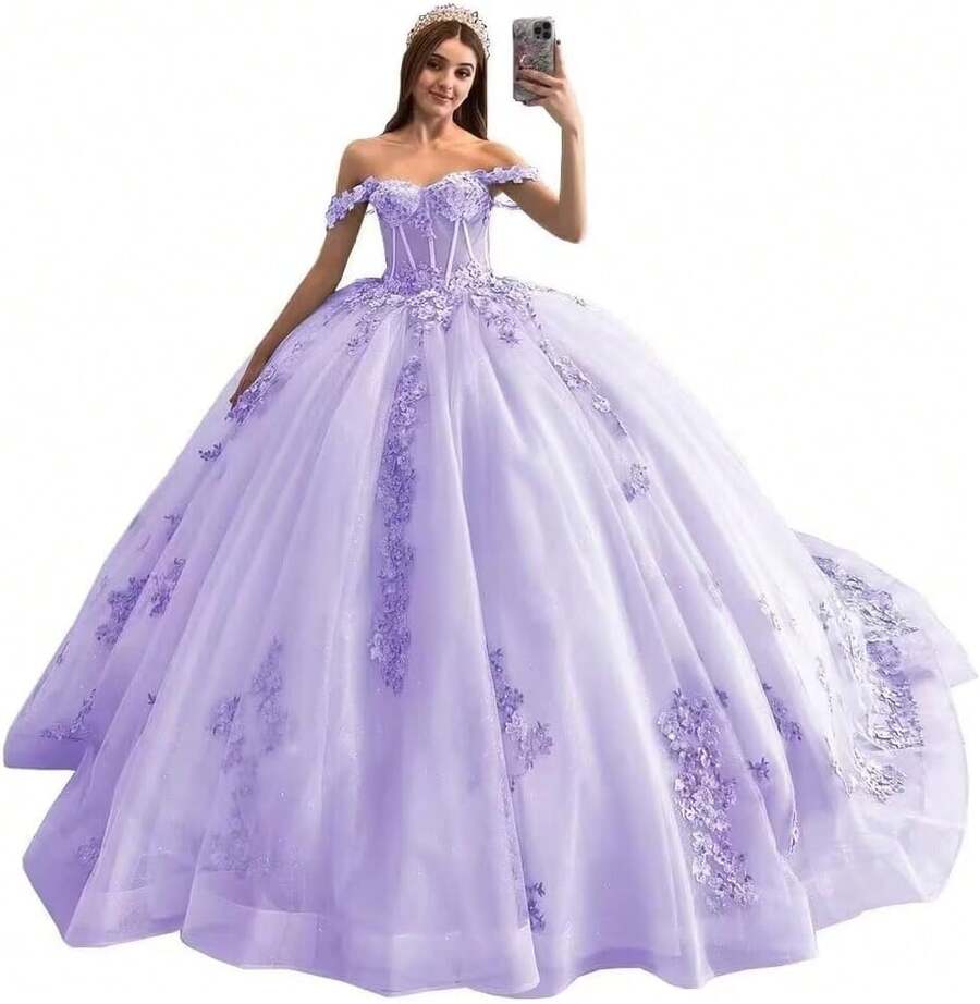 Vestidos de Quinceañera con Hombros Descubiertos, Talla Grande, Vestido de Encaje con Apliques Dulces 15 16, Fiesta de Graduación, Boda, Cumpleaños - Lavanda - Ver 1
