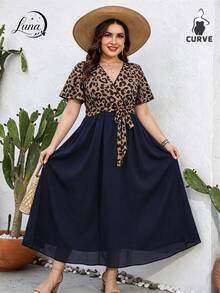 Vestido feminino,Vestidos Elegantes para Mujer talla grande con estampado de leopardo, cuello en V, cintura alta,para vacaciones en la playa, reuniones informales y citas - Marrón - Ver 4