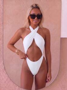 New Sexy Neckline, Tight-Fitting, Open-Back, Figure-Flattering, One-Piece Swimsuit For Vacation Summer Beach Elegant White - White - View 4
