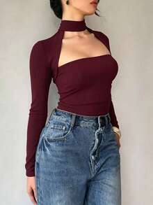 Women's Sexy, Elegant, Minimalist Charm Pullover Top, Suitable For Daily Wear, Dates, Featuring Solid Color, Deconstructed Asymmetric, Hollow-Out Cris - Burgundy - View 10