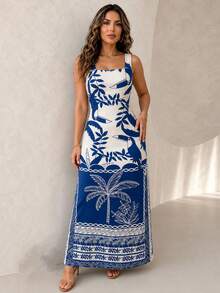 ChicMe Women's Tropical Toucan Print Spaghetti Strap Slit Pocket Fitted Dress, Beach Vacation Dress - Blue - View 4