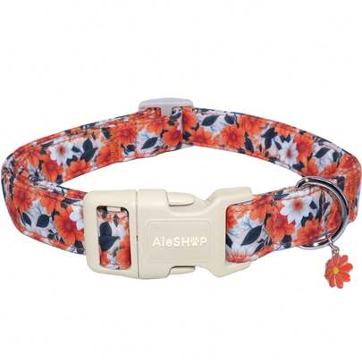 Collar para perro con tema de otoño, margarita naranja, decorado con un dije de margarita de metal. Cuenta con una hebilla de de liberación rápida ajustable y anillo en D, resistente a desgarros para mayor . Adecuado para perros medianos, grandes y cachorros, también se ajusta a gatos. Este encantador Pe
