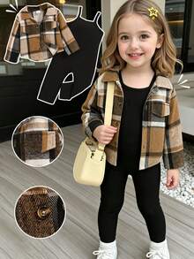 Baby Girl Söt Rutig Faux Pocket Jacka med svart overall Jumpsuit, höst/vinter - Svart - Visa 1