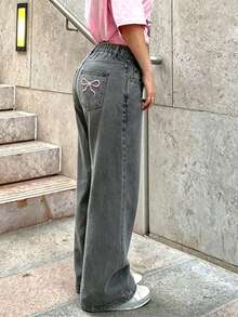 Celana Jeans Longgar Kasual Nyaman untuk Remaja Perempuan dengan Bordir Pita, Potongan Lurus dan Lebar - Grey - View 5