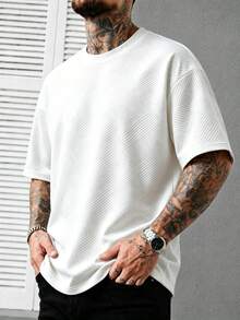 男士大尺碼壓紋幾何圖案T恤，寬鬆版型白色壓紋圓領T恤，極簡街頭風休閒上衣，大尺碼夏季時尚 - 白色 - 查看 5