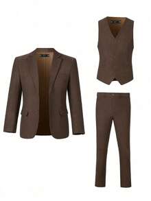 3pcs/Set Boys Herringbone Twill Suit Jacket, Vest, Pants, Suitable For Wedding, Birthday, School, Stage And Other Formal Occasions, Dark Brown, 6-16 Years Old - Brown - View 2