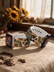 Vintage Green Gemstone Sunflower 2D Printed Silicone Watch Band Compatible With Apple Watch 40mm/41mm/42mm/44mm/45mm/46mm/49mm, Soft Comfortable Casual Sports Rivet Buckle Watch Band Compatible With Apple Watch Series Ultra/11/10/9/8/7/6/5/4/SE, Compatible With Apple Watch Men's Women's Smart Watch Band - UV054-emerald Sunflower - View 3