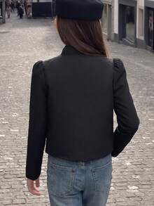 Teen Girls Winter Black Military Style Frog Button Vintage Design Short Jacket Fashion Streetwear Casual Versatile Outerwear - Black - View 4