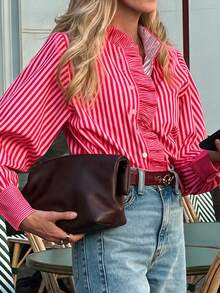 Blus Wanita Bergaris Kancing Depan dengan Hiasan Ruffle, Kerah Tegak, Lengan Panjang, Gaya Vintage Preppy Kasual Chic, Potongan Longgar - Garis-garis merah muda - View 2
