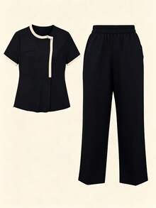 Piped Solid Color Small Round Neck Short Sleeve Multi-Pocket Set, Women's Slim Fit Professional Fashion Commute Workwear, Beauty Salon Maternity Center Business Suit - Black - View 1