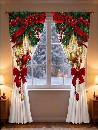 2/1 pieza Cortina navideña roja, con patrón de Papá Noel, caja de regalo y árbol de Navidad, diseño plano 2D, material de poliéster 60*150cm