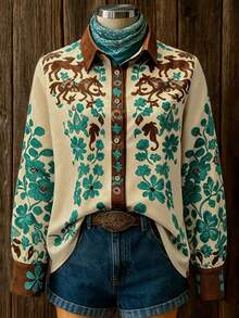 VEXHEIMA Women's Western Style Fashion Vintage Colorblock Horse & Floral Embroidery Print Lapel Long Sleeve Blouse, Versatile - Multicolor - View 2