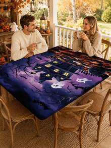 1pc Wrinkle-Resistant Rectangular Halloween Theme Elastic Tablecloth, Pumpkin Bat Ghost Halloween Print Tablecloth, Reusable Party Tablecloth, Suitable For Outdoor Patio Dinner, Halloween Garden Party, Outdoor Autumn Holiday Decor - A - View 10