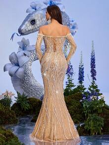 Elegant Women's Strapless Cold-Shoulder Long Sleeve Mesh Fabric Beaded Pearl Backless Formal Evening Gown - Champagne - View 3