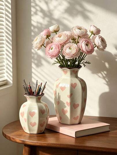 Cream White Ceramic Vase, Pink Heart Pattern Decorative Vase, Glazed Floral Vase And Pen Holder, Suitable For Bedroom, Children's Room Aesthetic Desktop Centerpiece