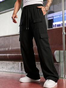 Celana Kargo Pria, Model Lurus dengan Banyak Saku, Pinggang Elastis, Potongan Longgar, Warna Polos, Logo Bordir Satu Sisi, Celana Panjang - Hitam - View 3