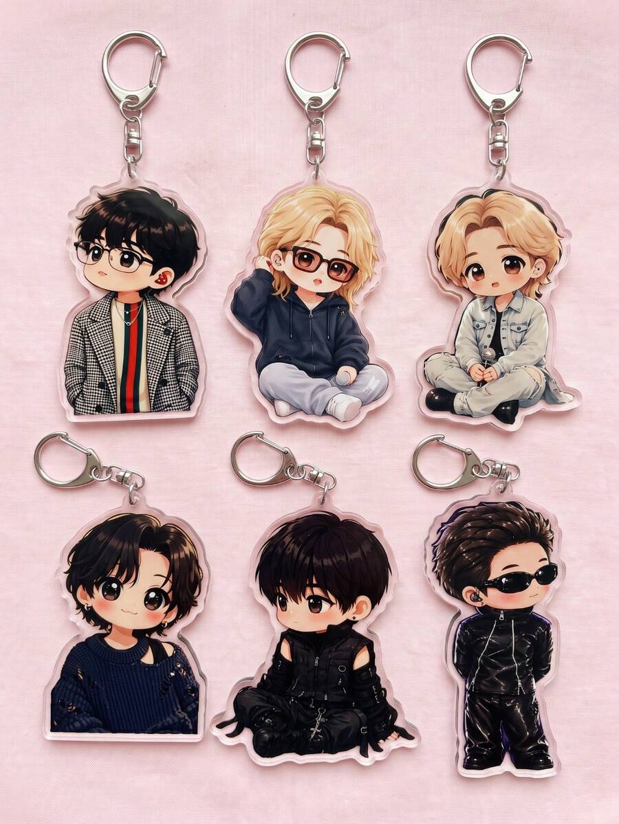 1Pc/6Pcs K-Pop Theme Acrylic Keychains, Featuring Chibi Member Casual & Stage Outfit Designs With Glasses And Jacket Styles, Fashionable Bag Charms, Suitable For Back To School, Gift For K-Pop Fans, Exquisite Collection, All-Season Use. - Multicolor - View 1