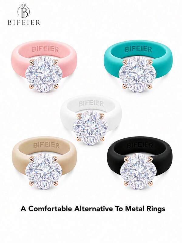 BIFEIER 1pc Fashionable Anti-Fading Anti-Allergic Silicone Women's Ring, Paired With Elegant Square Cut Zirconia Ring, Suitable For Women To Wear, Perfect For Weddings, Anniversaries, Daily Wear, Sports And Yoga, Ideal Valentine's Day Gift, Best Alternative To Metal Rings
