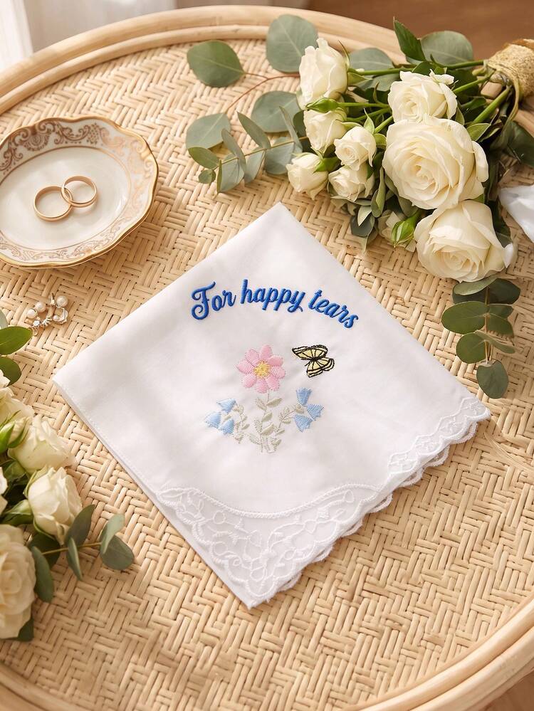 1件客製文字婚禮手帕，個性化 Happy Tears 新娘手帕，客製花卉禮物，適合新娘、新娘母親、新郎留念 - 彩色 - 查看 24
