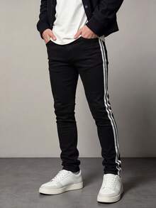 American Retro Slim Straight Fit Jeans, Pure Black With White Side Stripes, Slim Men's Casual Stretch Denim Long Pants - Black - View 3