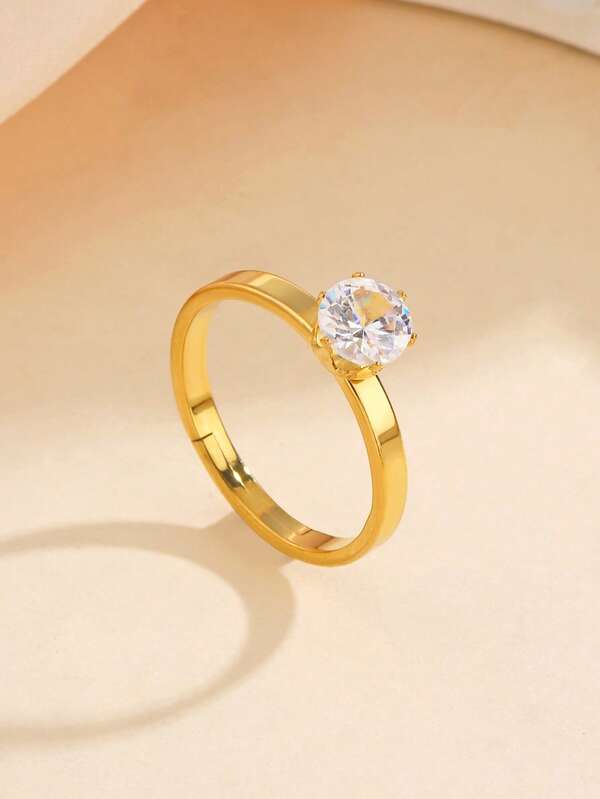 1pc 18K Gold Plated Stainless Steel Minimalist Single Zirconia Adjustable Ring For Women, Elegant Luxury Daily Commute Versatile Elegant Accessory