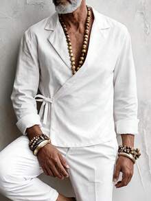 GOLDREDY Minimalist Solid Color Men's Relaxed Japanese Style Wrap Shirt, Linen Texture Loose Slouchy Tie Neck Long Sleeve Top - White - View 3