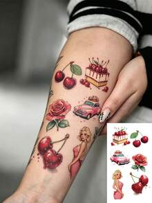 Sweet Cool Girl Style Pink Cherry Waterproof Temporary Tattoo Stickers, Fresh Cake Rose Pattern, Vintage Design, Suitable For Arm, Chest And Back Decoration, Lasts 2-5 Days - Multicolor - View 1