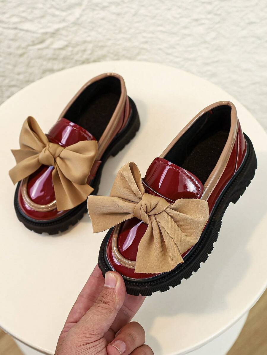 1 Pair New Fashion Cute Bow PU Pearl Hook & Loop Non-Slip Wear-Resistant Comfortable Versatile Girls Mary Jane Loafers, Suitable For Spring And Autumn Outdoor, Daily, Party And School Wear