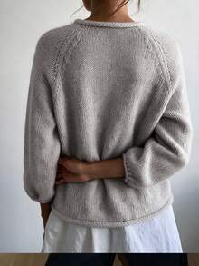 Women's Grey Textured Knit Sweater With Rolled Hem, Round Neck, Raglan Lantern Sleeves, Casual Versatile Soft Pullover, Suitable For Daily Wear In Autumn/Winter - Grey - View 5