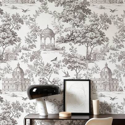 1 Roll Vintage European Style Self-Adhesive Wallpaper, Peel And Stick Removable Wallpaper, Castle Floral Bird Landscape Wall Decor, Elegant French Country Vintage Style, 17.32in Wide, Tenant Friendly, DIY Decorative Wall Sticker
