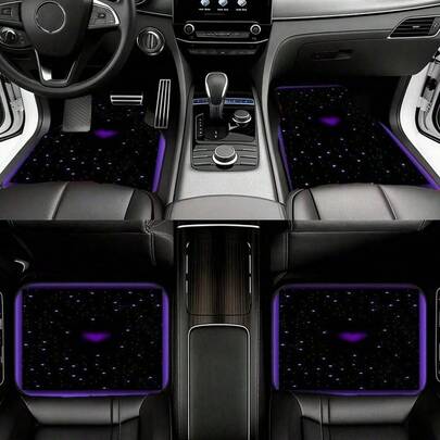 4-Piece Set Of Car Floor Mats With Purple Stars And Heart Patterns| Polyester Material, Universal Car Interior, Stylish And Durable Car Floor Mats