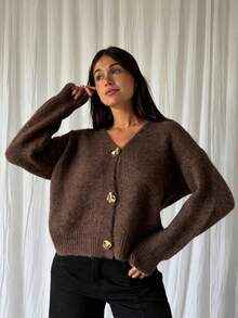 Cozy Women's Casual Retro Solid Color Single-Breasted Metal Button V-Neck Knit Cardigan Longe SLeeve Drop Shoulder Sweater For Fall And Winter - Brown - View 5