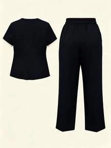 Piped Solid Color Small Round Neck Short Sleeve Multi-Pocket Set, Women's Slim Fit Professional Fashion Commute Workwear, Beauty Salon Maternity Center Business Suit - Black - View 2