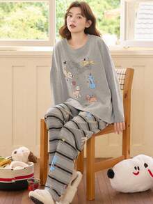 2pcs/Set Women's Pajamas Loungewear Set, Cute Animal Print Pullover Round Neck Casual Long Sleeve Cropped Pants, Comfortable For Home Wear - Grey - View 7