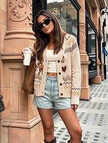 Women's American Western Style Horse Jacquard Knit Cardigan, Outdoor Camping Country Travel Old Town Street Style Casual Slimming Autumn - Apricot - View 3