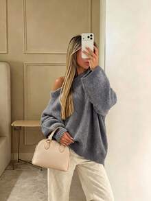 Women's Casual Grey Solid Color Long Sleeve Pullover Sweater, Rib-Knit Round Neck Drop Shoulder Sweater - Grey - View 4