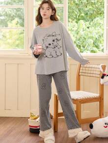 2pcs Women's Pajama Set, Pullover Round Neck Cute Animal Print Minimalist Long Sleeve Cropped Pants, Suitable For All Seasons - Grey - View 5