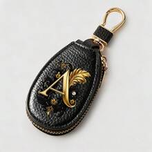 Litchi Pattern Key Bag -Black Gold Letters A-Z Car Key Protection Cover,PU Key Storage Clip,Zipper Bag,Car Key Storage Device,Car Keychain,Unisex Gift - Multicolor - View 37